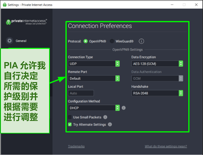 可用的PIA安全设置的屏幕截图