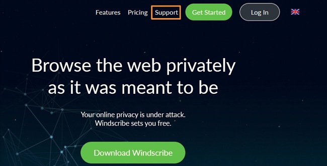Screenshot of Windscribe homepage with Support menu highlighted.