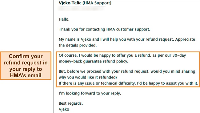 Screenshot of an emailed reply from HMA customer support regarding a refund request
