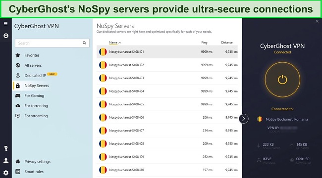 CyberGhost NoSpy servers provide ultra-secure connections screenshot