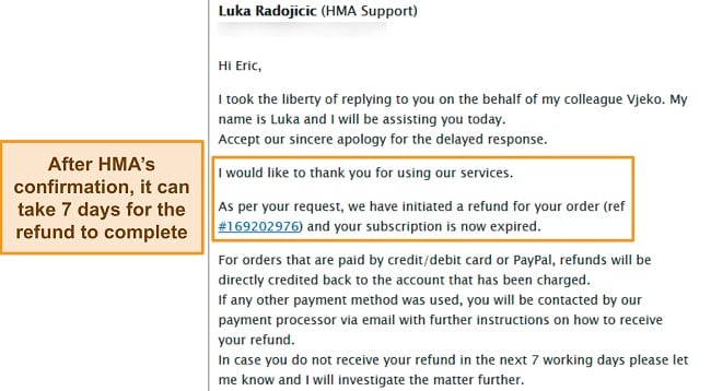 Screenshot of HMA's refund confirmation email