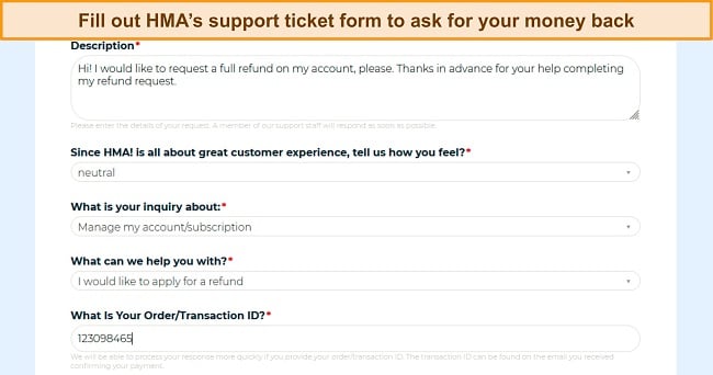 Screenshot of HMA's support ticket page showing a refund request
