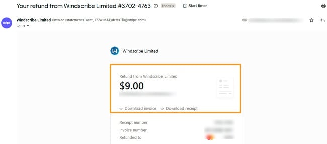 Screenshot of Windscribe refund confirmation email.