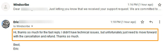 Screenshot of email conversation with Windscribe support.