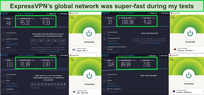 Screenshot of ExpressVPN speed tests while ExpressVPN is connected to servers in the US, UK, Germany, and Australia