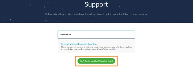 Screenshot showing Submit a Ticket selection on Windscribe Support page.