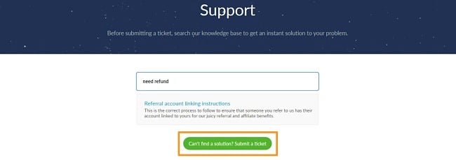 Screenshot showing Submit a Ticket selection on Windscribe Support page.