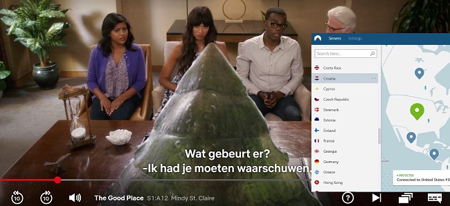 Screenshot van NordVPN deblokkeert Netflix US