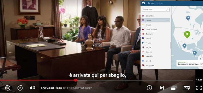 Schermata di NordVPN sbloccare Netflix US