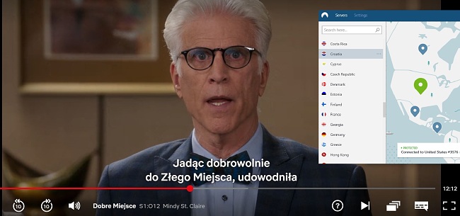 Zrzut ekranu z NordVPN odblokowuje Netflix US