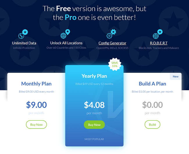 Screenshot of Windscribe's pricing table showing 55% off best deal for Yearly Plan