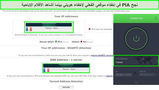 لقطة شاشة لاختبارات تسرب IP و DNS التي تم إجراؤها على الخادم الفرنسي لـ PIA.