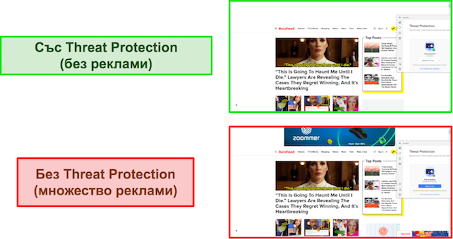 Сравняване на защитата от заплахи на NordVPN, включена при използване на BuzzFeed (не показва реклами), спрямо изключена (показва множество реклами).