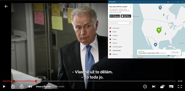 Screenshoty k NordVPN odblokování Netflix USA