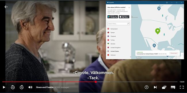 Skärmdump av NordVPN avblockerar Netflix US
