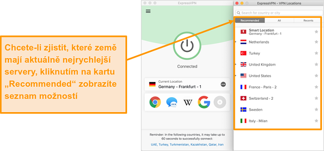 Screenshot aplikace ExpressVPN zobrazující doporučené servery