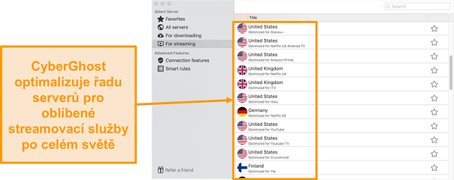 Screenshot aplikace CyberGhost pro Mac, který zobrazuje optimalizované servery pro streamování