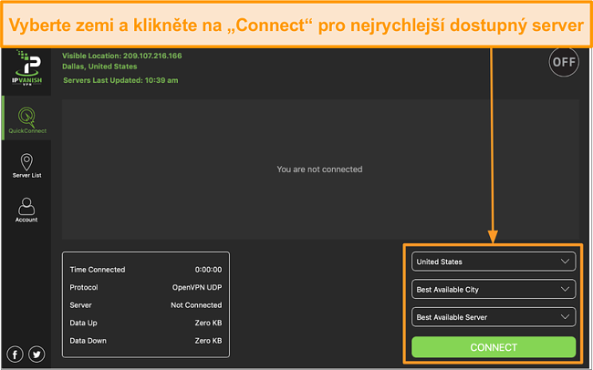 Screenshot rozhraní aplikace IPVanish a sekce „Rychlé připojení“
