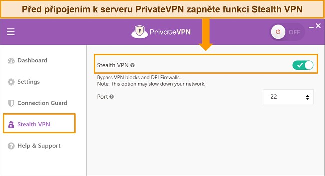 Snímek obrazovky aplikace PrivateVPN pro Windows zvýrazňující funkci Stealth VPN