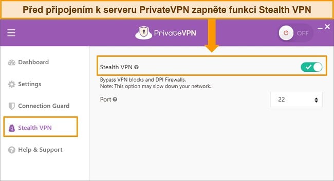 Snímek obrazovky aplikace PrivateVPN pro Windows zvýrazňující funkci Stealth VPN