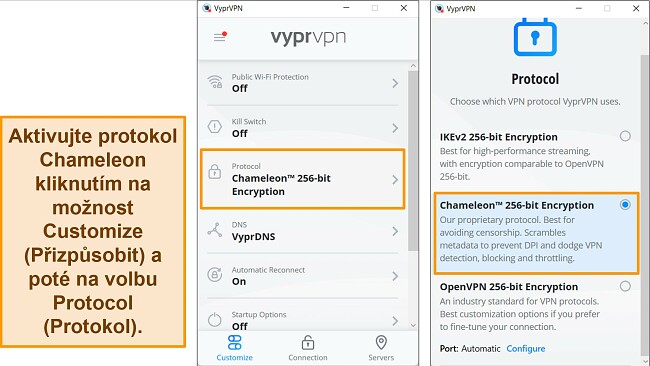 Snímky obrazovky aplikace VyprVPN pro Windows, které ukazují, jak najít a změnit protokol připojení na Chameleon