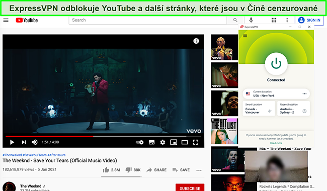 Screenshot z ExpressVPN připojeného k americkému serveru a odblokování YouTube v Číně