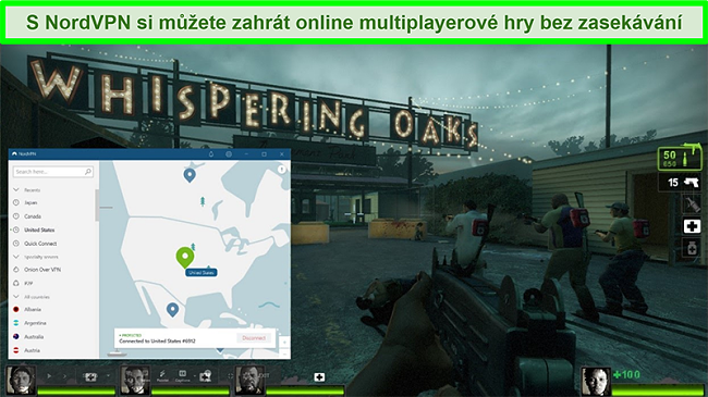 Screenshot hry NordVPN připojené k americkému serveru během hraní hry Left 4 Dead 2