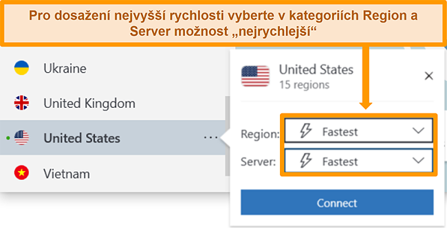 Screenshot možností serveru NordVPN pro USA s nejrychlejším regionem a serverem