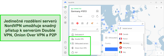Přehled oblasti výběru speciálních serverů NordVPN