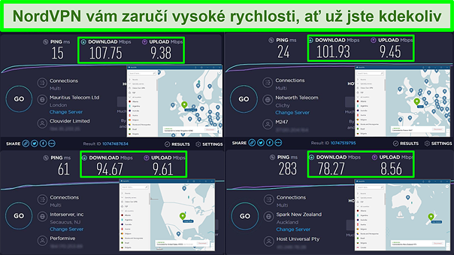 Screenshoty testů rychlosti s NordVPN připojeným k různým globálním serverům