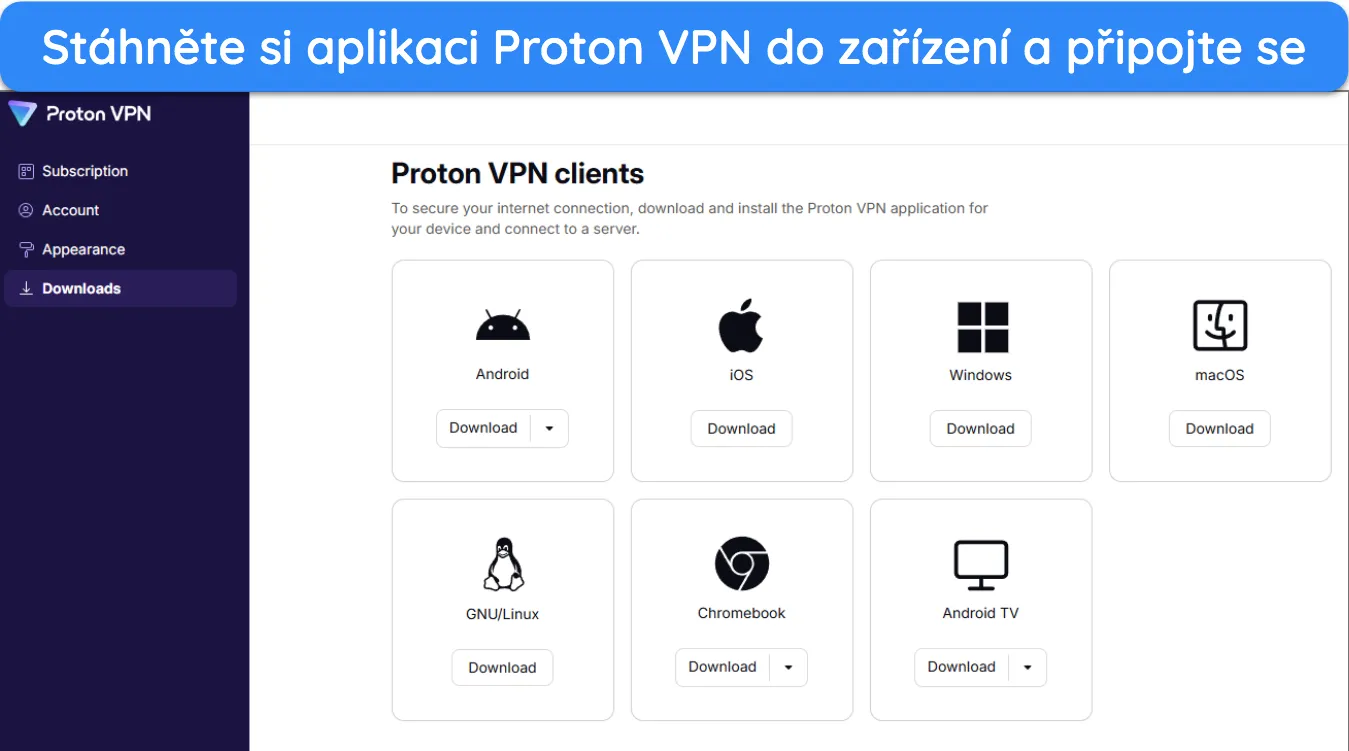 obrázek stránky účtu Proton VPN zobrazující dostupné aplikace ke stažení do různých zařízení.