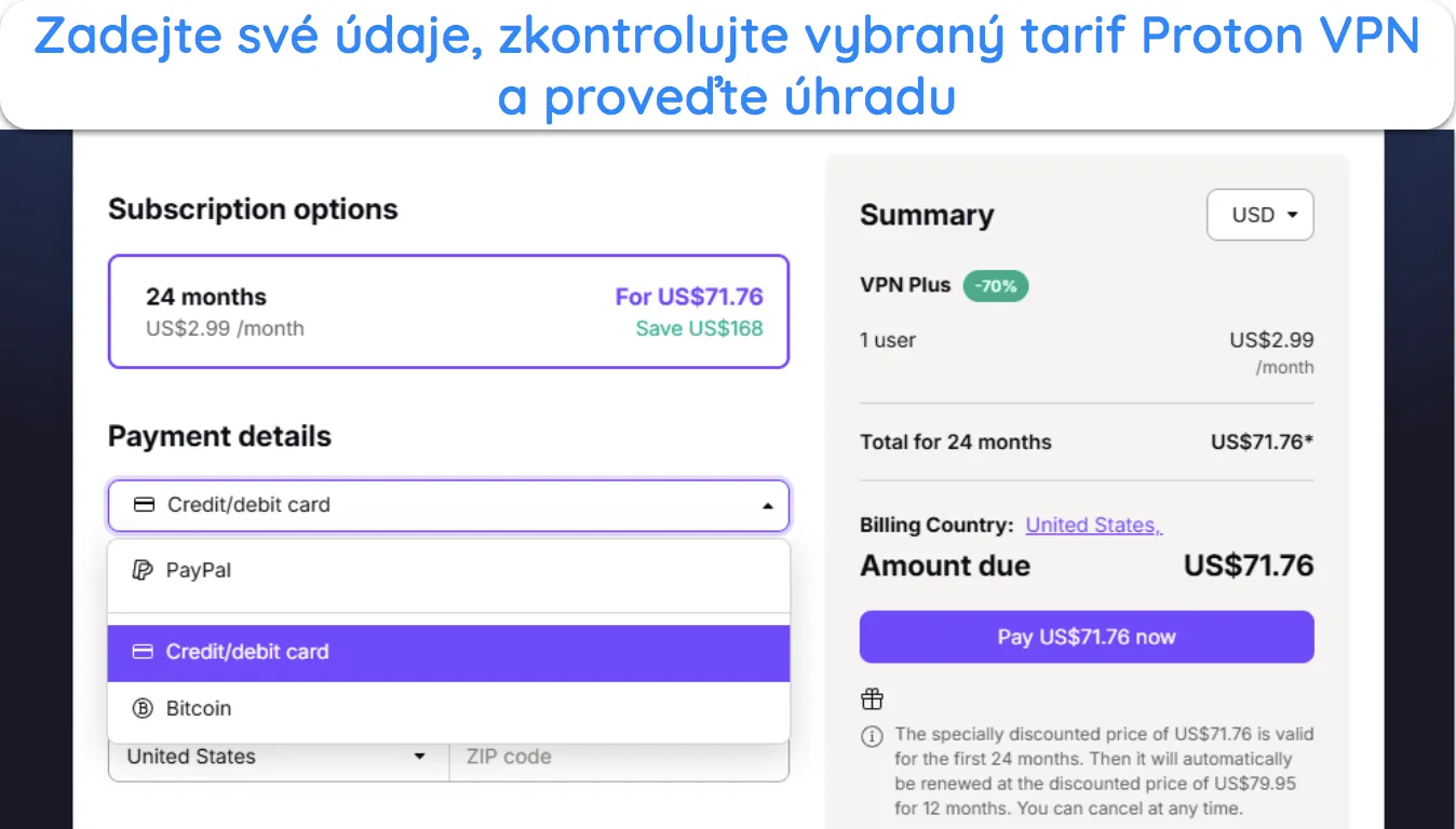 obrázek webu Proton VPN zobrazující kontrolu předplatného a možnosti platby.