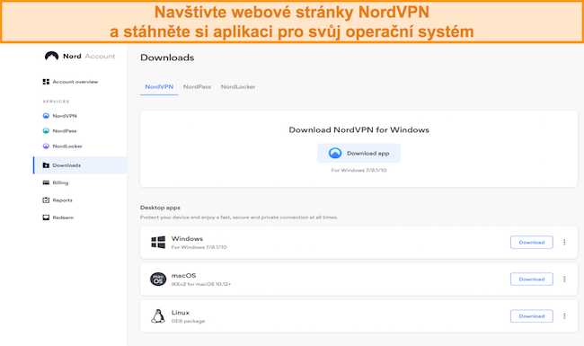Navštivte web společnosti NordVPN a stáhněte si aplikaci pro váš operační systém