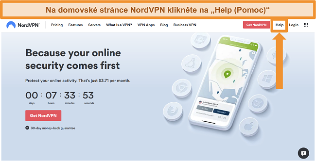 Screenshot z možnosti nápovědy společnosti NordVPN na její domovské stránce