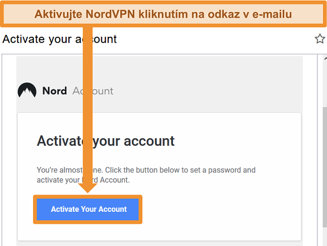 Screenshot z možnosti aktivního účtu NordVPN prostřednictvím e-mailu