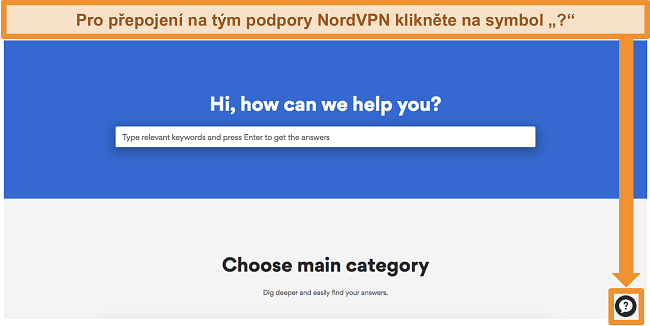Screenshot stránky nápovědy NordVPN s tlačítkem podpory ve spodní části