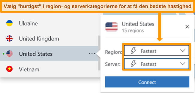 Skærmbillede af NordVPNs serverindstillinger i USA, der viser den hurtigste region og server