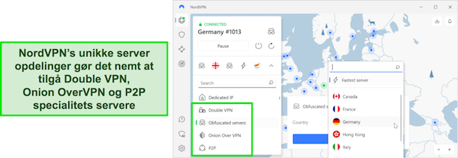 Oversigt over NordVPNs udvalg af specialservere.