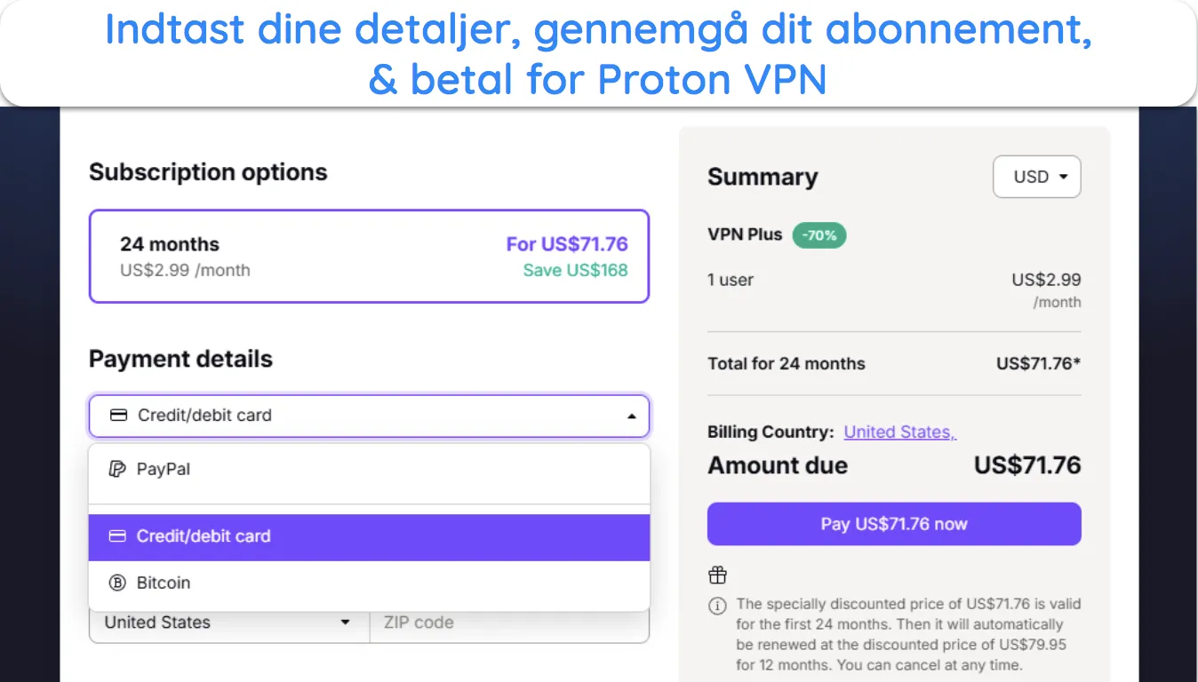 billede af Proton VPNs hjemmeside, der viser abonnementsgennemgang og betalingsmuligheder.