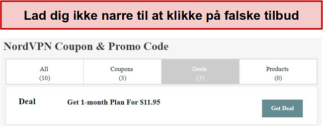 Et websted, der viser en falsk NordVPN-rabataftale