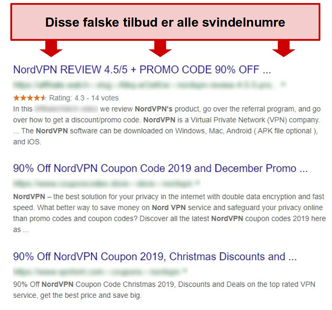 Googles resultater, der viser falske NordVPN-rabatter