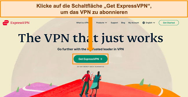 Screenshot der Homepage von ExpressVPN mit Hervorhebung der Schaltfläche „Get ExpressVPN“.