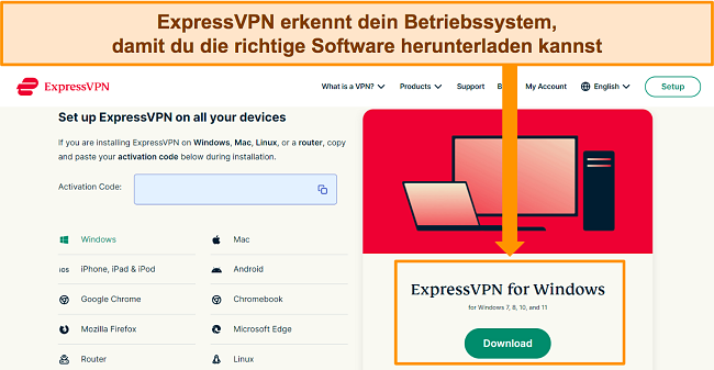Screenshot der Software-Download-Seite von ExpressVPN auf seiner Website.