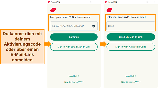 Screenshots der Windows-App von ExpressVPN, die die Methoden zeigen, mit denen sich ein Benutzer bei der App anmelden kann.