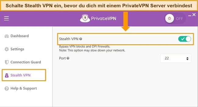 Screenshot der Windows-App von PrivateVPN, der die Stealth-VPN-Funktion hervorhebt