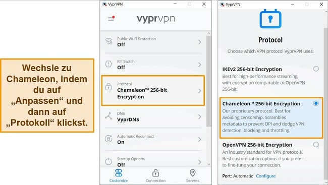 Screenshots der Windows-App von VyprVPN, die zeigen, wie man das Verbindungsprotokoll zu Chameleon findet und ändert