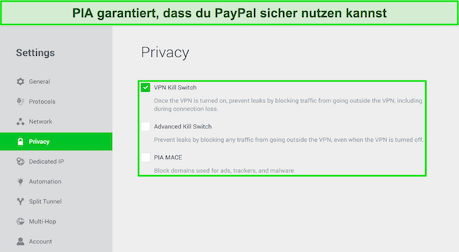 Screenshot des VPN-Einstellungsmenüs der macOS-App von PIA