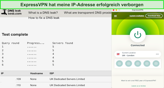 Screenshot von ExpressVPN, das meinen IP- und DNS-Lecktest bestanden hat, während es mit seinem Londoner Server verbunden war