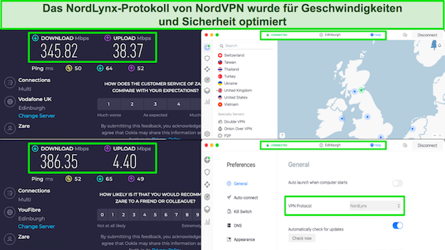 Screenshot der Geschwindigkeitstestergebnisse von NordVPN, der die höheren Geschwindigkeiten von NordLynx auf dem Edinburgh-Server zeigt