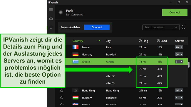 Screenshot der Windows-App von IPVanish, der das Menü der einzelnen Server zeigt und die Ping- und Benutzerlast der Server hervorhebt